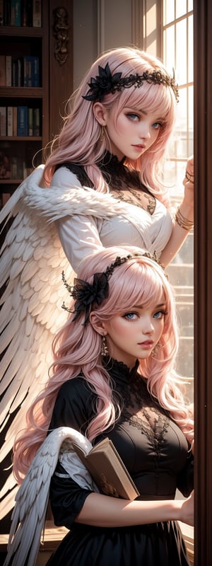 Mirror surface reflecting the image of two girls,two girls with distinct hairstyles sit indoors on a sunny day. ((light pink hair))The first girl has long blonde hair and blunt bangs, parted lips, and piercing blue eyes gazing at another. Her friend sports black hair adorned with a hair ornament, red eyes, and a black dress. The third girl features long dark locks and ahoge framing her face as she reads a book by the window. Reflections of the girls' white feathered wings are visible in the glass, while books stacked behind them create a cozy atmosphere.