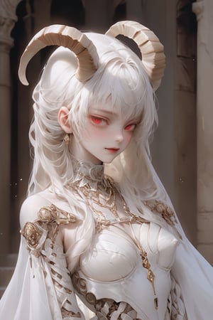 Aesthetics art,official art,big breasts,
(full body),(long intricate horns:1.2) ,albino Carved porcelain cyborg demons girl, Pure white long Pigtail hair,different full body modelposition with enchantingly beautiful, alabaster skin, A benevolent smile,girl has Beautiful deep red eyes,soft expression,Depth and Dimension in the Pupils, Her porcelain-like white cyborg skin reflects an almost celestial glow,
Wearing medieval Arabian dress with a white theme,The gown is crafted from luxurious white fabrics, adorned with intricate golden embroidery that weaves across the bodice and sleeves,modest yet elegant necklace, featuring delicate white lace that adds a touch of refinement,real_booster,aesthetic portrait,kafka