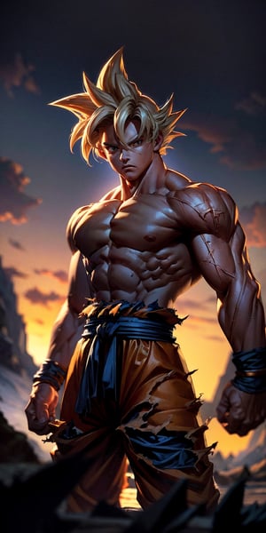 masterpiece, high quality, detailed lighting, son goku, (solo), 1boy, battle damage, (best quality), muscular, blue sky, blurry, blurry background, glacier, male focus, sky, solo, ultra instinct,(( blonde hair)), torn clothes, (good hands), (masterpiece), anatomy, , son goku,son goku,giant_this_guy