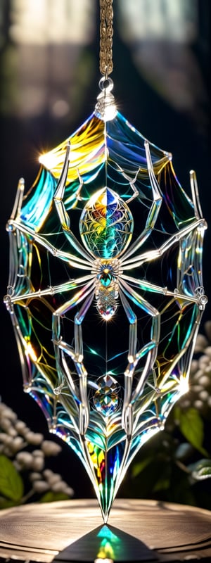 A beautiful crystal spider, hanging from its velvet thread, with colors of green, yellow and blue hues gleaming through from the sun rays.,glass art,more detail XL,BugCraft,DonMSp3ctr4lXL