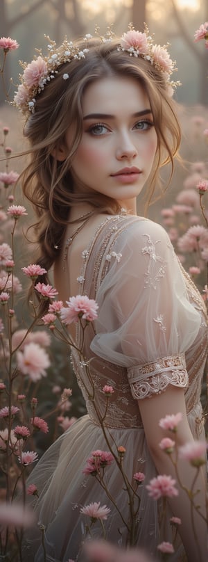 Portrait of a Dutch-Lapland beautiful young lady holding the most delicate flower, blurred forest background, foreground and background covered in flowers, morning sunrise, 8k