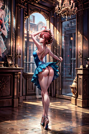 Masterpiece, (best quality 8k), detailed, close up,in ballroom, 1 girl ,dancing,wearing blue and red ballet dress,detailed blue and red ballet dress,,GdClth,facing away,ass focus 