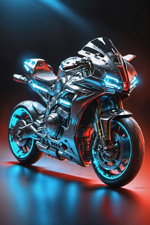 Masterpiece, ultra-definition, super detailed, perfect drawing, 1  transparent SPORT race motocycle with headlight on white lights , Colored blue, silver and black carbonfiber, Industrial design, clean, Luminous neon lit,  red background, Surrealism, UHD, high details, best quality, 2K