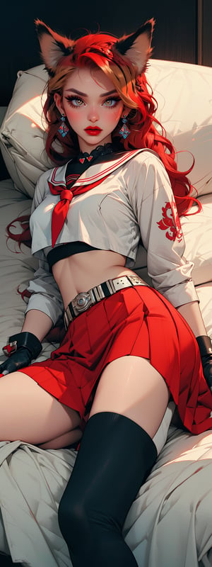 1girl, score_9, score_8_up, score_7_up, source_photo, photography, realistic, ulzzang, absurd resolution, raw photo, yuudachi, red eyes, thick eyebrow,( red hair),  red long hair, two side up, braid, hair ornament, dog ears, dog tail, white shirt, puffy short sleeves, red serafuku, crop top, underboob, midriff, fingerless gloves, wrists cuffs, two-tone gloves,blue skirt, side slit, red belt, waist tattoo, loose socks, reclining on a mattress sofa, legs in air