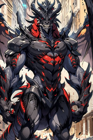 solo, red eyes, standing, tail, cowboy shot, wings, horns, teeth, armor, no humans, glowing, sharp teeth, glowing eyes, claws, monster,dragonknight