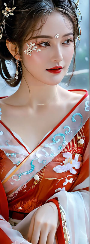 A girl reclining on seat.((big natural breasts)), Wearing exquisite red-white hanfu with chiffon fabric, accentuating her (perfect AND busty) model body and beautiful long legs, mesmerizing sexual attractiveness. An ethereal glamorously beautiful face, v-shaped jawline, with expressive and bright eyes, decorated with glowing bioluminescence eye makeup, her translucent skin texture further highlight the youthful face. hyperrealisitc, raw photo, fujifilm velvia, ancient chinese legendary fantasy theme, concept art, hd 8k, perfect hand, perfect fingers, raining weather, photo_b00ster,ellafreya