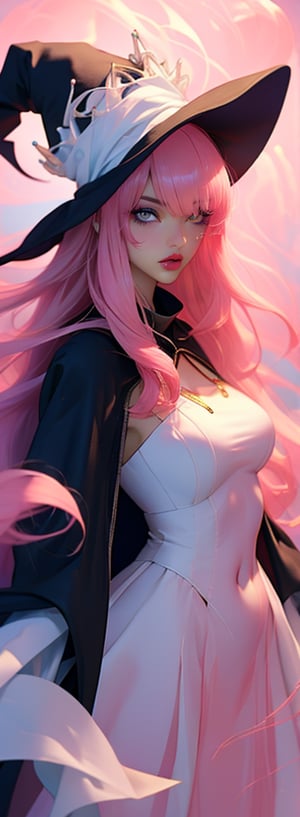  fatima_\(luminous_arc\), witch_hat, fati_dress, long_hair, ((light pink hair)),hair_over_one_eye, navel, gloves, black_cape, beautiful, (masterpiece:1.2), (best quality:1.2), perfect eyes, perfect face