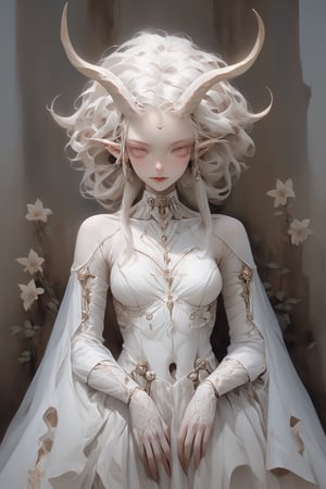 Aesthetics art,official art,big breasts,
(full body),(long intricate horns:1.2) ,albino Carved porcelain cyborg demons girl, Pure white long Pigtail hair,different full body modelposition with enchantingly beautiful, alabaster skin, A benevolent smile,girl has Beautiful deep red eyes,soft expression,Depth and Dimension in the Pupils, Her porcelain-like white cyborg skin reflects an almost celestial glow,
Wearing medieval Arabian dress with a white theme,The gown is crafted from luxurious white fabrics, adorned with intricate golden embroidery that weaves across the bodice and sleeves,modest yet elegant necklace, featuring delicate white lace that adds a touch of refinement,real_booster,aesthetic portrait,kafka,glass,NYFlowerGirl