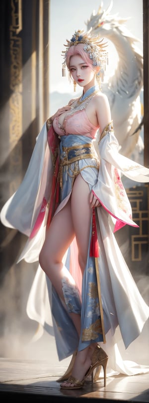 Realistic style, cowboy shot, 1 girl,((light pink hair)) 23-year-old Taiwanese beauty wears a Peking Opera actress's headdress, earrings, necklaces, bracelets, and a fine silk costume with exquisite white dragon and phoenix embroidery patterns, natural big breasts, Perfect body, perfect legs, bare feet, on the stage of the ancient gorgeous theater. (1girl: 1.4), (RAW photo, best quality), (real, photo real: 1.1), most Best Quality, Masterpiece, Beauty & Aesthetics, 16K, (HDR: 1.2), High Contrast, (Vivid Colors: 1.3), (Soft Colors, Dull Colors, Soothing Tone: 0), Cinematic Lights, Ambient Light, Side light, fine details and textures, cinematic shots, warm colors, (bright and intense: 1.1), wide angle shots, xm887, surreal illustration, Siena's natural proportions, silver hair, dynamic poses, body and hands The precise anatomy of four fingers and a thumb