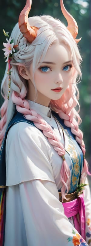 albino Demon Girl, (long intricate horns:1.2),Beautiful nordic girl, a nun adorned in a colorful and stunning floral-patterned habit,(pink wimple),
colorful scapulae,Cross,
Very long braided hair,colorful braided hair,radiating vibrancy and life.,Her attire exudes warmth and kindness, spreading serenity like a blooming garden. With elegant grace, ,mizuki shiranui,aesthetic portrait,ktrmkp,Realistic Blue Eyes,tlps,ct-niji2,FilmGirl