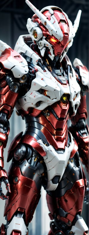 fullbody photo of a boy in a mech suit, fullbody armor, red metalic armor, white part, intricate detailed, neons, detailed armor, elegant, sharp focus (masterpiece),cyborg style,Movie Still,oni style,mecha,robot