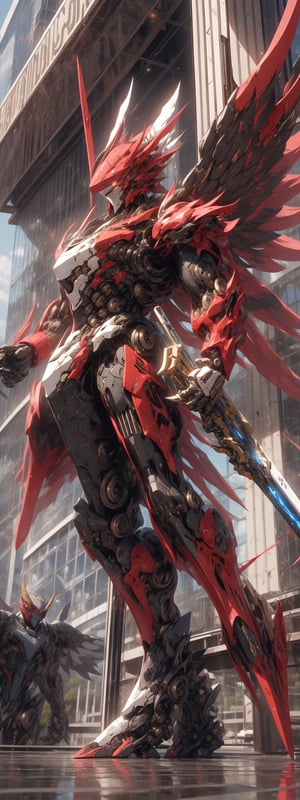 solo, red eyes, holding, weapon, wings, holding weapon, gun, no humans, glowing, halo, robot, building, holding gun, mecha, science fiction, mechanical wings