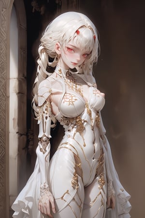 Aesthetics art,official art,big breasts,
(full body),(long intricate horns:1.2) ,albino Carved porcelain cyborg demons girl, Pure white long Pigtail hair,different full body modelposition with enchantingly beautiful, alabaster skin, A benevolent smile,girl has Beautiful deep red eyes,soft expression,Depth and Dimension in the Pupils, Her porcelain-like white cyborg skin reflects an almost celestial glow,
Wearing medieval Arabian dress with a white theme,The gown is crafted from luxurious white fabrics, adorned with intricate golden embroidery that weaves across the bodice and sleeves,modest yet elegant necklace, featuring delicate white lace that adds a touch of refinement,real_booster,aesthetic portrait,kafka