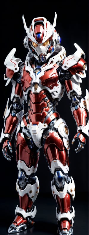 fullbody photo of a boy in a mech suit, fullbody armor, red metalic armor, white part, intricate detailed, neons, detailed armor, elegant, sharp focus (masterpiece),cyborg style,Movie Still,oni style,mecha,robot,body armor