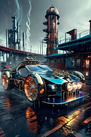 (Cyber steampunk car. aurora headlights. A thin neon line on the car body. The city at dusk. A world-famous design image that defies the laws of physics. Advanced artificial intelligence systems that blur the line between human consciousness and cybernetics. Travel to the end of time and the thermal death of the universe and the collapse of all matter and energy. 3D rendering, cybernetic realism, surreal photography with an isometric center on the cover, and an amazing full-color dark urban atmosphere drenched in rain.), Detailed Textures, high quality, high resolution, high Accuracy, realism, color correction, Proper lighting settings, harmonious composition, Behance works,c_car,science fiction,Concept Cars,DonMSt34mPXL