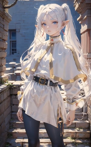 aafrie, long hair, ((white hair)), twintails, pointy ears, earrings, thick eyebrows, white capelet, striped shirt, long sleeves, belt, white skirt, black pantyhose, Generates an image of Frieren exploring an ancient temple, Enhance,photo of perfecteyes eyes,, better pose