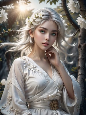 art style, intricate Portrait of  beautiful Japanese girl ,siting on tree, paying flute with white flowy hair wearing a treditonal white , white dress with a silk vibrant white color, hyperdetailed face, hyperdetailed eyes, sharp focus on eyes, 8k UHD, work of beauty and inspiration, flowercore, wide angle  ,alberto seveso style ,A white  flower petals flying with the wind ,large full-moon background ,  glowing fractal art elements  hazel eyes,Anime ,photo r3al