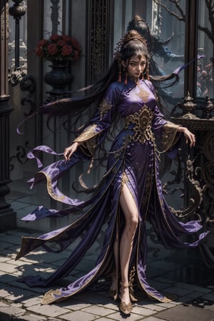 Full body shot of a character standing in majestic pose, realistic representation of a fantasy chinese empress with the most sumptuous wedding hanfu dress made of purple silk and richly embroidered with gold and silver threads, intricately carved golden badges and tassels. Art by Yoshitaka Amano, Huang Guangjian, Zhong Fenghua, stunning interpretive visual, gothic regal, colorful, realistic eyes, dreamy magical atmosphere, (film grain), (warm hue, warm tone), cinematic light, side lightings,zhongfenghua,gu,weapon,Makeup,alluring_lolita_girl