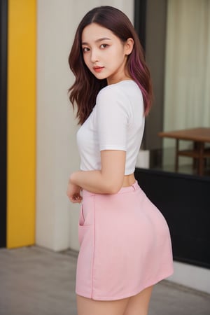 A stunning young woman poses confidently in a studio setting, her petite frame showcased in a vibrant pink skirt that clings to her shapely thighs and curves. A short skirt, her skirt lenght is short, deep-necked top accentuates her figure, while her thick thighs and plump behind are highlighted by the soft white sneakers. Her bright pink hair falls down her back in loose waves, as she strikes a sassy pose with one hand on her hip. The RAW quality of the image is breathtakingly sharp, revealing every detail from the fine hairs on her arm to the intricate stitching on her shoes.