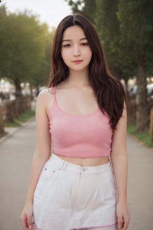 A stunning young woman poses confidently in a studio setting, her petite frame showcased in a vibrant pink skirt that clings to her shapely thighs and curves. A short, deep-necked top accentuates her figure, while her thick thighs and plump behind are highlighted by the soft white sneakers. Her bright pink hair falls down her back in loose waves, as she strikes a sassy pose with one hand on her hip. The RAW quality of the image is breathtakingly sharp, revealing every detail from the fine hairs on her arm to the intricate stitching on her shoes.