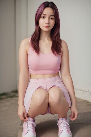 1girl, Ultra quality, realistic, high res definition, ultra photorealistic ultra detailed, RAW picture, cute girl, pink skirt, short deepneck top, thick thighs, ass, full body posing, white sneakers, thighs, pink hairs, 
