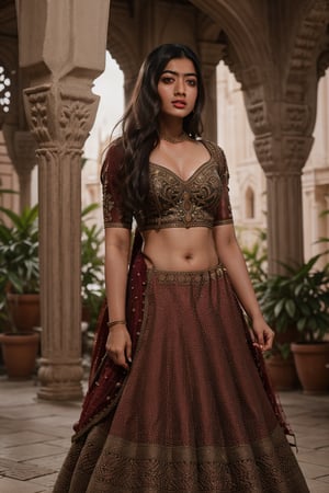 A stunning Rashmika Mandanna, a 23-year-old beauty, wears a breathtaking Zariwork lehenga that accentuates her curves, showcasing a deep cleavage. She stands confidently within the ancient walls of an old castle, her pose exuding elegance and sophistication. The warm lighting highlights the intricate zari embroidery on her outfit, while the camera captures her striking features and the ornate architecture surrounding her.