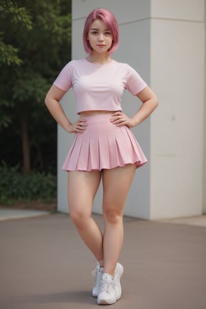 1girl, Ultra quality, realistic, high res definition, ultra photorealistic ultra detailed, RAW picture, cute girl, pink skirt, short deepneck top, thick thighs, ass, full body posing, white sneakers, thighs, pink hairs, long_legs, thick_thighs, big_thighs, standind_pose
