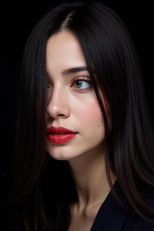  woman 25 years old, long straight hair, thick hair, detailed face, long eyelashes, detailed eyes, red cheeks, glossy skin, elegant woman, healthy skin tone, pretty and beauty woman face marks, (insane beauty woman marks:1.3), pale snow white skin tone, black hair, blue green eyes, little light makeup, hair covering one eye, 
looking aside, 
dark background, 
detailed, quality, professional camera photo, spotlight, photo session, dramatic lighting on face, 
face close-up, 