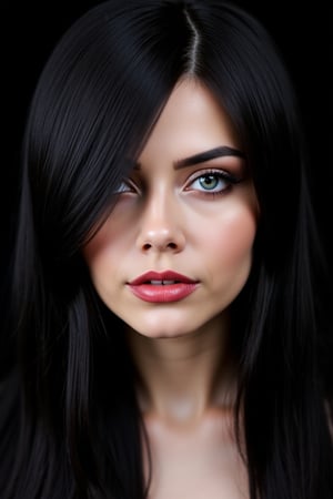  woman 25 years old, long straight hair, thick hair, detailed face, long eyelashes, detailed eyes, red cheeks, glossy skin, elegant woman, healthy skin tone, pretty and beauty woman face marks, (insane beauty woman marks:1.3), pale snow white skin tone, black hair, blue green eyes, little light makeup, hair covering one eye, 
looking aside, 
dark background, 
detailed, quality, professional camera photo, spotlight, photo session, dramatic lighting on face, 
face close-up, 