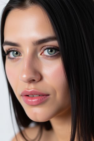  woman 25 years old, long straight hair, thick hair, detailed face, long eyelashes, detailed eyes, red cheeks, glossy skin, elegant woman, healthy skin tone, pretty and beauty woman face marks, pale snow white skin tone, blue green eyes, little light makeup, hair covering one eye, black hair, 
looking aside, 
white background, 
detailed, quality, professional camera photo, spotlight, photo session, dramatic lighting on face, 
face close-up, 