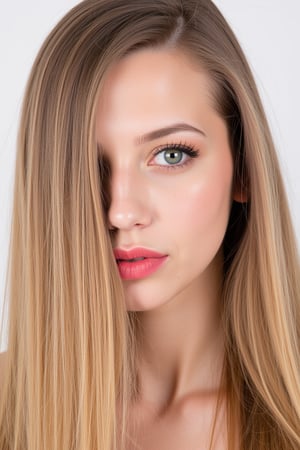  woman 25 years old, long straight hair, thick hair, detailed face, long eyelashes, detailed eyes, red cheeks, glossy skin, elegant woman, healthy skin tone, pretty and beauty woman face marks, pale snow white skin tone, blue green eyes, little light makeup, hair covering one eye, 
looking aside, 
white background, 
detailed, quality, professional camera photo, spotlight, photo session, dramatic lighting on face, 
face close-up, 