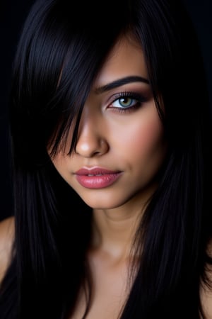  woman 25 years old, long straight hair, thick hair, detailed face, long eyelashes, detailed eyes, red cheeks, glossy skin, elegant woman, healthy skin tone, pretty and beauty woman face marks, (insane beauty woman marks:1.3), pale snow white skin tone, black hair, blue green eyes, little light makeup, hair covering one eye, 
looking aside, 
dark background, 
detailed, quality, professional camera photo, spotlight, photo session, dramatic lighting on face, 
face close-up, 