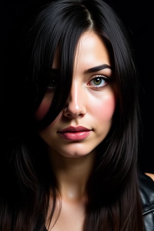  woman 25 years old, long straight hair, thick hair, detailed face, long eyelashes, detailed eyes, red cheeks, glossy skin, elegant woman, healthy skin tone, pretty and beauty woman face marks, (insane beauty woman marks:1.3), pale snow white skin tone, black hair, blue green eyes, little light makeup, hair covering one eye, 
looking aside, 
dark background, 
detailed, quality, professional camera photo, spotlight, photo session, dramatic lighting on face, 
face close-up, 