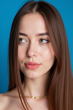  woman 25 years old, long straight hair, thick hair, detailed face, long eyelashes, detailed eyes, red cheeks, glossy skin, elegant woman, healthy skin tone, pretty and beauty woman face marks, pale snow white skin tone, blue green eyes, little light makeup, hair covering one eye, 
looking aside, 
(wearing golden accessories:1.3), 
hot saturated blue background, white lighting on face, 
detailed, quality, professional camera photo, spotlight, photo session, dramatic lighting on face, 
face close-up, 