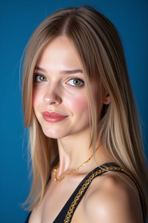  woman 25 years old, long straight hair, thick hair, detailed face, long eyelashes, detailed eyes, red cheeks, glossy skin, elegant woman, healthy skin tone, pretty and beauty woman face marks, pale snow white skin tone, blue green eyes, little light makeup, hair covering one eye, 
looking aside, 
(wearing golden accessories:1.3), 
hot saturated blue background, white lighting on face, 
detailed, quality, professional camera photo, spotlight, photo session, dramatic lighting on face, 
face close-up, 