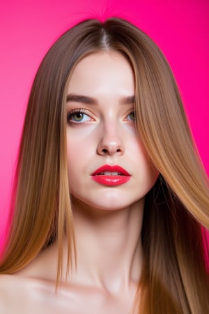  woman 25 years old, long straight hair, thick hair, detailed face, long eyelashes, detailed eyes, red cheeks, glossy skin, elegant woman, healthy skin tone, pretty and beauty woman face marks, pale snow white skin tone, blue green eyes, little light makeup, hair covering one eye, 
looking aside, 
(wearing golden accessories:1.3), 
hot saturated pink background, white lighting on face, 
detailed, quality, professional camera photo, spotlight, photo session, dramatic lighting on face, 
face close-up, 