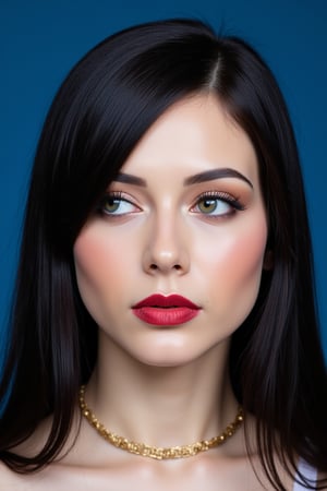  woman 25 years old, long straight hair, thick hair, detailed face, long eyelashes, detailed eyes, red cheeks, glossy skin, elegant woman, healthy skin tone, pretty and beauty woman face marks, pale snow white skin tone, blue green eyes, little light makeup, hair covering one eye, black hair, 
looking aside, 
(wearing golden accessories:1.3), 
hot saturated blue background, white lighting on face, 
detailed, quality, professional camera photo, spotlight, photo session, dramatic lighting on face, 
face close-up, 