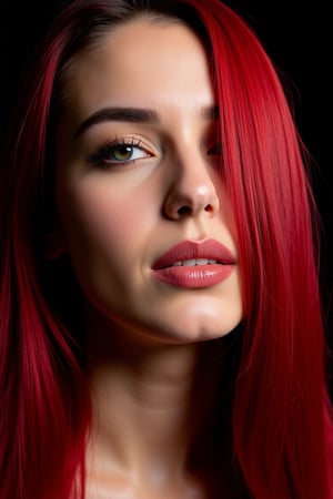  woman 25 years old, long red color straight hair, thick hair, detailed face, long eyelashes, detailed eyes, red cheeks, glossy skin, elegant woman, healthy skin tone, pretty and beauty woman face marks, (insane beauty woman marks:1.3), pale snow white skin tone, black hair, blue green eyes, little light makeup, hair covering one eye, 
looking aside, 
dark background, 
detailed, quality, professional camera photo, spotlight, photo session, dramatic lighting on face, 
face close-up, 