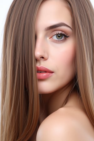  woman 25 years old, long straight hair, thick hair, detailed face, long eyelashes, detailed eyes, red cheeks, glossy skin, elegant woman, healthy skin tone, pretty and beauty woman face marks, pale snow white skin tone, blue green eyes, little light makeup, hair covering one eye, 
looking aside, 
white background, 
detailed, quality, professional camera photo, spotlight, photo session, dramatic lighting on face, 
face close-up, 