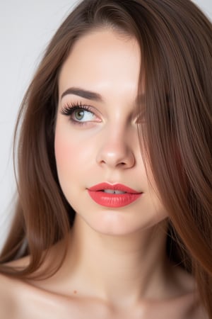  woman 25 years old, long straight hair, thick hair, detailed face, long eyelashes, detailed eyes, red cheeks, glossy skin, elegant woman, healthy skin tone, pretty and beauty woman face marks, pale snow white skin tone, blue green eyes, little light makeup, hair covering one eye, 
looking aside, 
white background, 
detailed, quality, professional camera photo, spotlight, photo session, dramatic lighting on face, 
face close-up, 