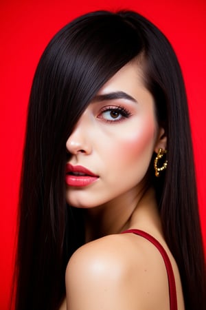  woman 25 years old, long straight hair, thick hair, detailed face, long eyelashes, detailed eyes, red cheeks, glossy skin, elegant woman, healthy skin tone, pretty and beauty woman face marks, pale snow white skin tone, blue green eyes, little light makeup, hair covering one eye, black hair, 
looking aside, 
(wearing golden accessories:1.3), 
bright red background, white lighting on face, 
detailed, quality, professional camera photo, spotlight, photo session, dramatic lighting on face, 
face close-up, 