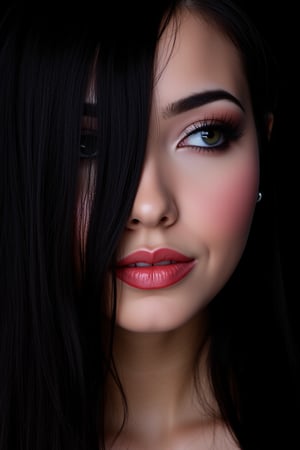  woman 25 years old, long straight hair, thick hair, detailed face, long eyelashes, detailed eyes, red cheeks, glossy skin, elegant woman, healthy skin tone, pretty and beauty woman face marks, (insane beauty woman marks:1.3), pale snow white skin tone, black hair, blue green eyes, little light makeup, hair covering one eye, 
looking aside, 
dark background, 
detailed, quality, professional camera photo, spotlight, photo session, dramatic lighting on face, 
face close-up, 