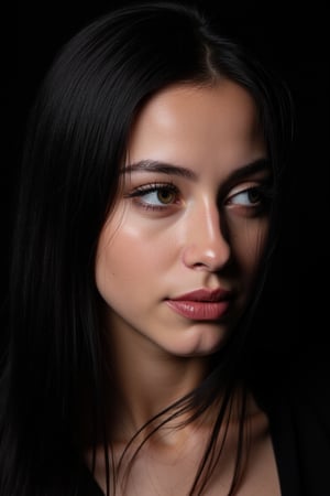  woman 25 years old, long straight hair, thick hair, detailed face, long eyelashes, detailed eyes, red cheeks, glossy skin, elegant woman, healthy skin tone, pretty and beauty woman face marks, (insane beauty woman marks:1.3), pale snow white skin tone, black hair, blue green eyes, little light makeup, hair covering one eye, 
looking aside, 
dark background, 
detailed, quality, professional camera photo, spotlight, photo session, dramatic lighting on face, 
face close-up, 