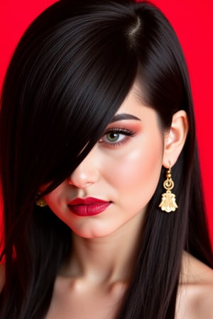  woman 25 years old, long straight hair, thick hair, detailed face, long eyelashes, detailed eyes, red cheeks, glossy skin, elegant woman, healthy skin tone, pretty and beauty woman face marks, pale snow white skin tone, blue green eyes, little light makeup, hair covering one eye, black hair, 
looking aside, 
(wearing golden accessories:1.3), 
bright red background, white lighting on face, 
detailed, quality, professional camera photo, spotlight, photo session, dramatic lighting on face, 
face close-up, 