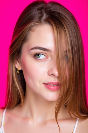  woman 25 years old, long straight hair, thick hair, detailed face, long eyelashes, detailed eyes, red cheeks, glossy skin, elegant woman, healthy skin tone, pretty and beauty woman face marks, pale snow white skin tone, blue green eyes, little light makeup, hair covering one eye, 
looking aside, 
(wearing golden accessories:1.3), 
hot saturated pink background, white lighting on face, 
detailed, quality, professional camera photo, spotlight, photo session, dramatic lighting on face, 
face close-up, 