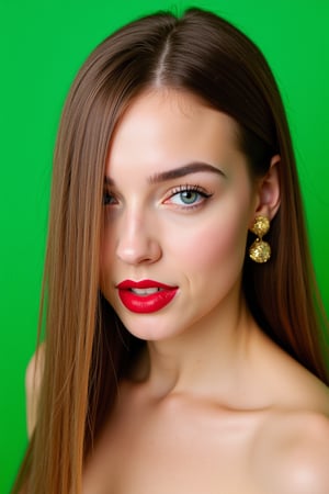  woman 25 years old, long straight hair, thick hair, detailed face, long eyelashes, detailed eyes, red cheeks, glossy skin, elegant woman, healthy skin tone, pretty and beauty woman face marks, pale snow white skin tone, blue green eyes, little light makeup, hair covering one eye, 
looking aside, 
(wearing golden accessories:1.3), 
bright green background, white lighting on face, 
detailed, quality, professional camera photo, spotlight, photo session, dramatic lighting on face, 
face close-up, 