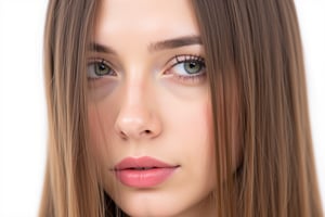  woman 25 years old, long straight hair, thick hair, detailed face, long eyelashes, detailed eyes, red cheeks, glossy skin, elegant woman, healthy skin tone, pretty and beauty woman face marks, pale snow white skin tone, blue green eyes, little light makeup, hair covering one eye, 
looking aside, 
white background, 
detailed, quality, professional camera photo, spotlight, photo session, dramatic lighting on face, 
face close-up, 