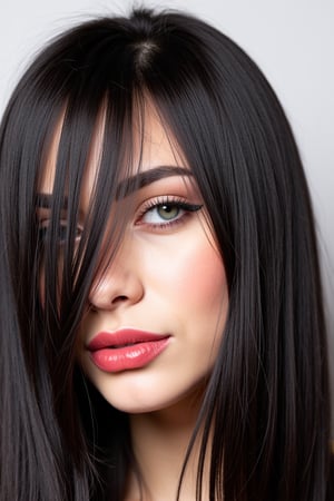  woman 25 years old, long straight hair, thick hair, detailed face, long eyelashes, detailed eyes, red cheeks, glossy skin, elegant woman, healthy skin tone, pretty and beauty woman face marks, pale snow white skin tone, blue green eyes, little light makeup, hair covering one eye, black hair, 
looking aside, 
white background, 
detailed, quality, professional camera photo, spotlight, photo session, dramatic lighting on face, 
face close-up, 