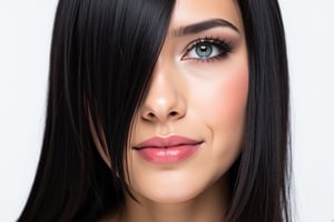  woman 25 years old, long straight hair, thick hair, detailed face, long eyelashes, detailed eyes, red cheeks, glossy skin, elegant woman, healthy skin tone, pretty and beauty woman face marks, pale snow white skin tone, blue green eyes, little light makeup, hair covering one eye, black hair, 
looking aside, 
white background, 
detailed, quality, professional camera photo, spotlight, photo session, dramatic lighting on face, 
face close-up, 