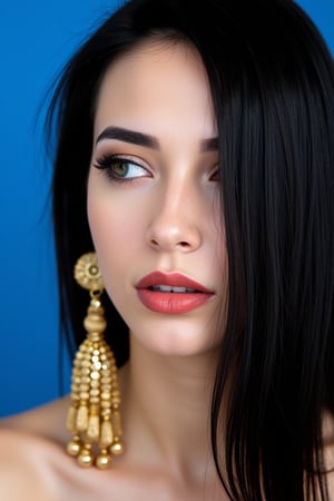  woman 25 years old, long straight hair, thick hair, detailed face, long eyelashes, detailed eyes, red cheeks, glossy skin, elegant woman, healthy skin tone, pretty and beauty woman face marks, pale snow white skin tone, blue green eyes, little light makeup, hair covering one eye, black hair, 
looking aside, 
(wearing golden accessories:1.3), 
hot saturated blue background, white lighting on face, 
detailed, quality, professional camera photo, spotlight, photo session, dramatic lighting on face, 
face close-up, 